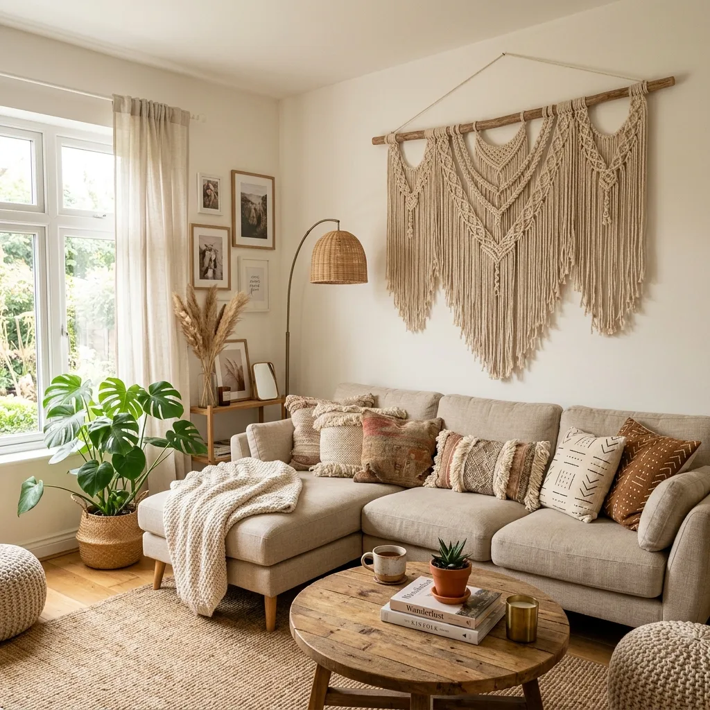 Macrame wall hanging above a sofa in a boho living room